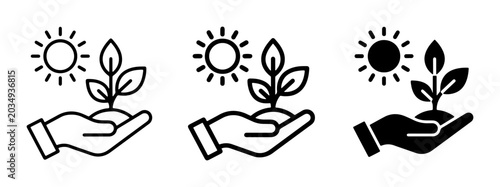 Konstfotografi Hand holding seedling with sun, growth and nature icons, eco-friendly concept, s
