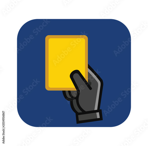 Referee hand holding yellow card icon on blue background