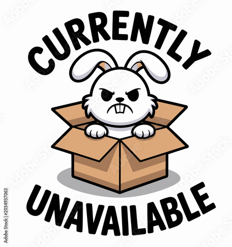 Currently Unavailable Angry Bunny Vector Badge: Cute Cartoon Rabbit Cardboard Box Error Icon