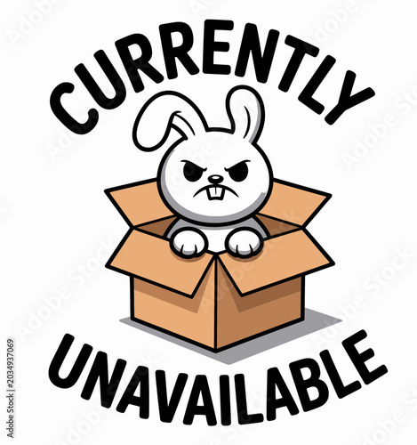 Currently Unavailable Angry Bunny Vector Badge: Cute Cartoon Rabbit Cardboard Box Error Icon