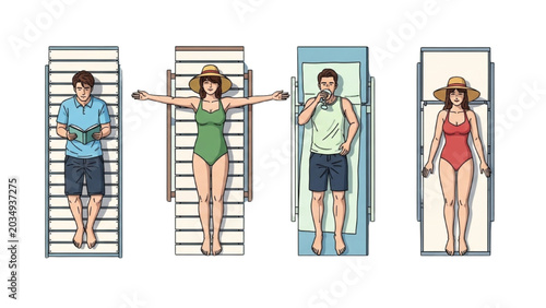 Tableau sur toile People relax on various sun loungers in 2D CAD Vector illustrations