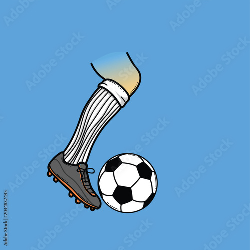 Soccer Player Kicking Ball With Cleat and Sock Illustration On Bright Blue Background