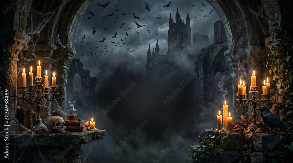Obraz premium dark gothic halloween banner with candles skull and spooky castle in fog