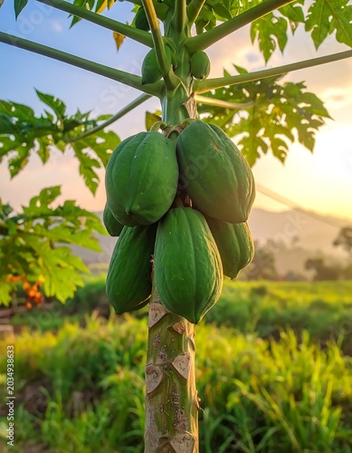Green unripe apples on tree branch outdoors.