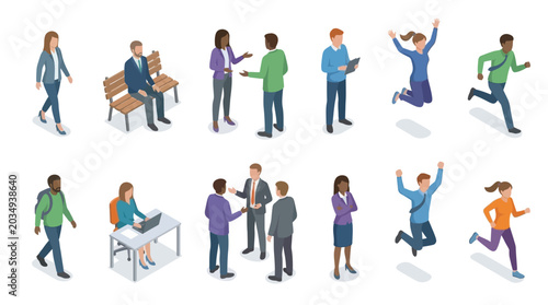 Isometric People Character Vector Set – Walking, Standing and Sitting Figures with Happy Red and Blue Emotion Illustrations