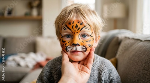 Face paint of a tiger on a young boy indoors
