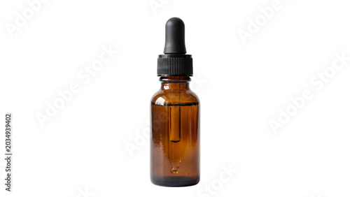 Fotografie Amber glass dropper bottle with black cap on transparent background