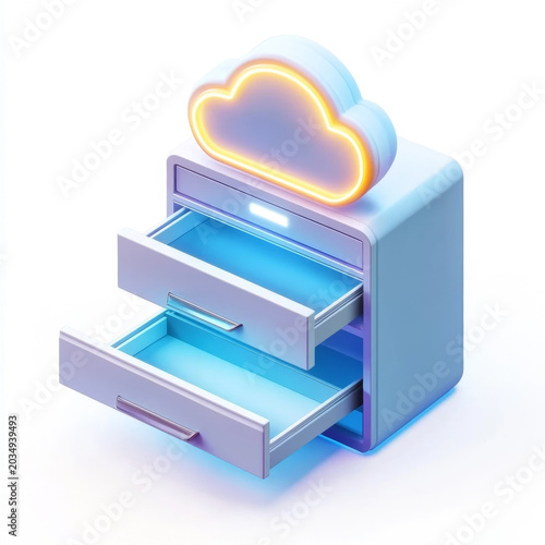 3D Isometric Illustration of a Cloud Storage Cabinet with Open Drawers Concept for Cloud Computing and Data Management Services