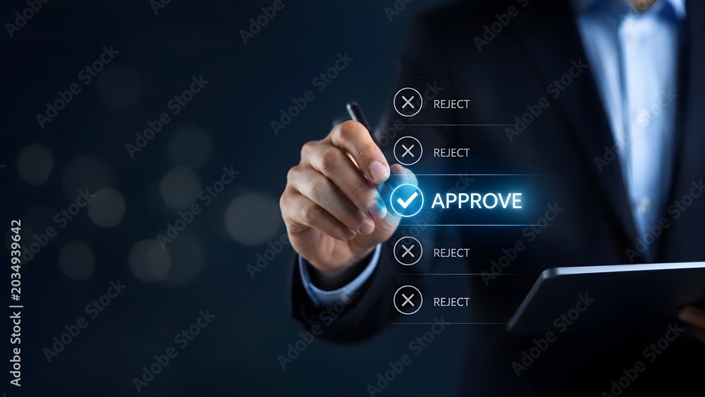 Obraz premium Businessman in suit using digital pen to select approve button on virtual interface