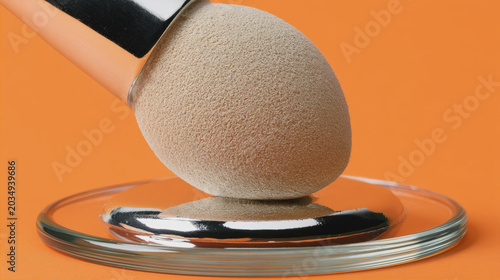 Macro shot of a beauty blender sponge touching a pool of silver metallic liquid on a glass tray against an orange background