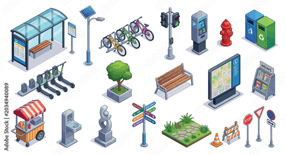 Fototapeta premium Isometric city street elements collection vector illustration on white background