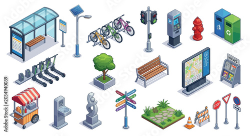 Isometric city street elements collection vector illustration on white background