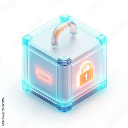 Futuristic 3D isometric glowing glass security box with padlock icon for data protection and cyber security concept isolated on white