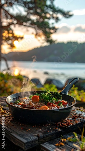Wooden bowl with fresh summer salad outdoors.