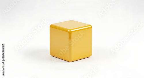 Golden yellow glossy cube icon isolated on a clean white background