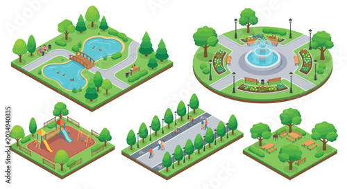 Foto Isometric Park Scenes With Trees Water Features And People