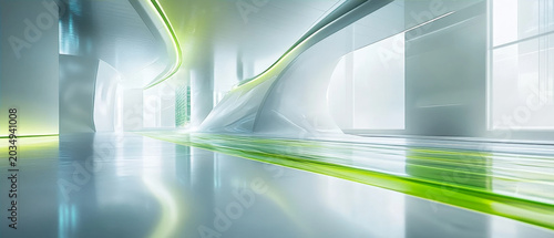 Futuristic modern interior design of a bright hallway with white curved walls and neon green light accents