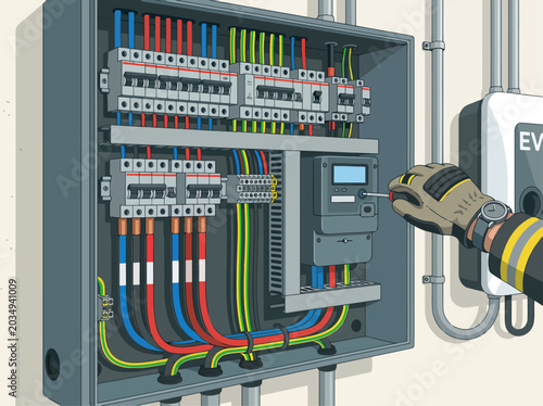 Quadro em tela A technician installs an EV charger at a smart grid panel
