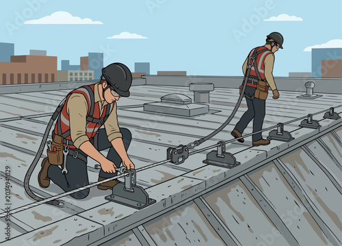 Konstfotografi Two workers install a horizontal lifeline fall arrest system on a rooftop