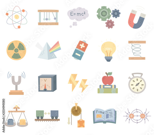Принти на полотні Physics education set featuring atom pendulum relativity gears magnet radiation