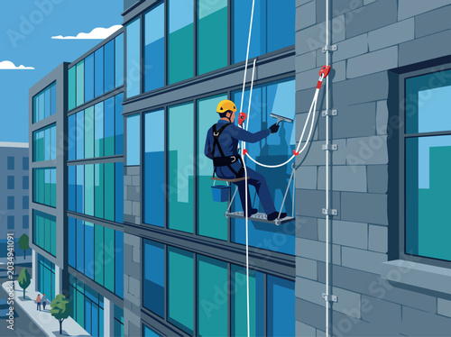 Foto A window cleaner uses a lifeline system to clean a skyscraper window