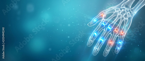 Medical illustration of hand arthritis with glowing joints. Skeletal hand showing inflammation and pain. Healthcare banner with copy space