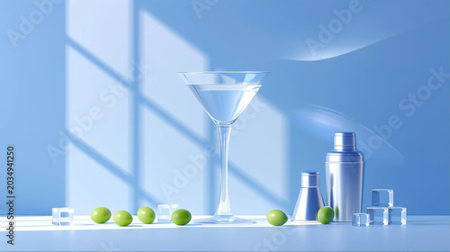 Minimalist Martini cocktail glass with shaker olives and ice on blue background with window shadow light