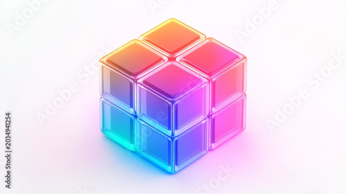 3D render of a glowing glass cube with colorful gradients on a white background