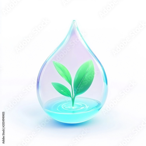 A conceptual 3D illustration of a vibrant green sprout growing inside a transparent water drop symbolizing environmental conservation sustainability and life on white background