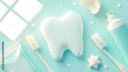 3D rendering of tooth model with toothbrushes and dental care products on light turquoise background for oral hygiene concept