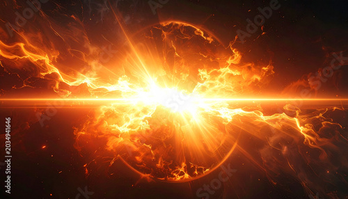 Vibrant orange sunburst with rays and solar flares on a dark background, perfect
