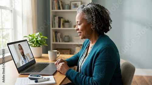 Senior woman on video call discussing diabetes management with doctor at home, showing glucose meter and healthy lifestyle choices for diabetes care and support.