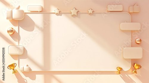 3D render social media marketing frame background with thumbs up icons stars and golden trophies speech bubbles for copy space