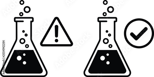 Fotografie Laboratory experiment results erlenmeyer flasks with warning and approval symbol