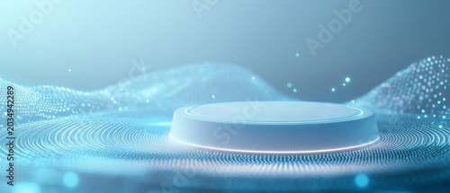 Futuristic 3D cylinder podium with glowing particle waves background for product display in light blue tones