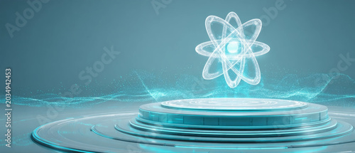 Futuristic atom symbol glowing on circular technology podium with digital particle background