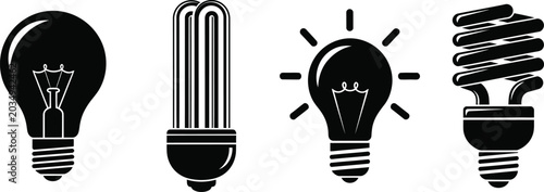 Evolution of light bulbs silhouette incandescent cfl halogen and spiral led vector illustration
