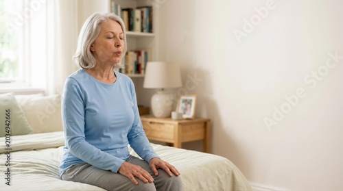 Elderly woman sitting on bed doing pursed lip breathing exercise. Senior female patient managing respiratory health at home