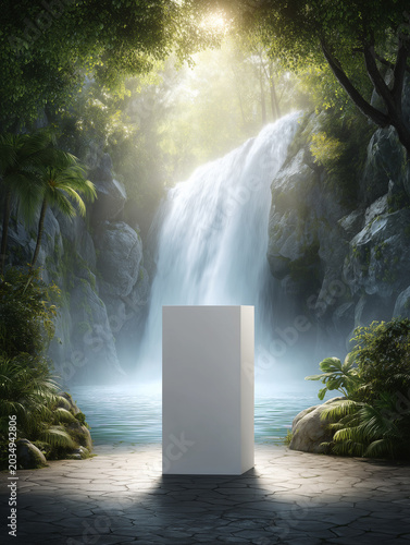 White Pedestal in Tropical Waterfall Jungle Scene