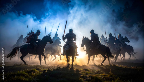 Dramatic silhouette of medieval cavalry horses and riders charging into battle at sunset