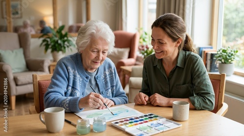 Elderly woman in a hospice day room painting a watercolor. Senior woman with a volunteer engaged in art therapy. Companionship and mental health support in palliative care