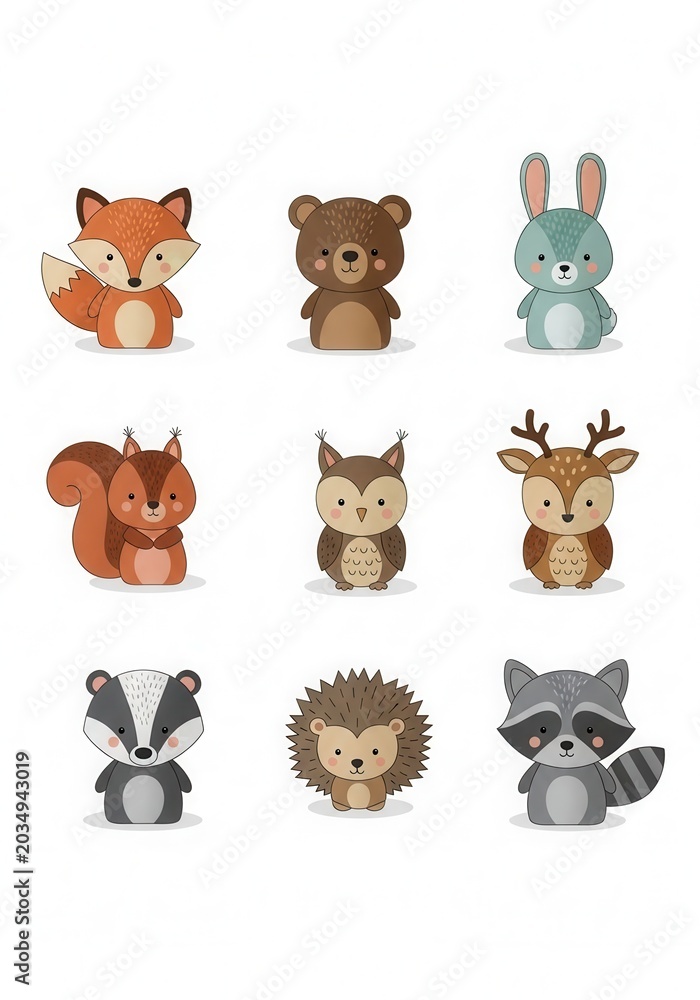 Fototapeta premium Cute Forest Animals Collection with Fox Bear Rabbit Squirrel Owl Deer Badger Hedgehog and Raccoon Illustration Set