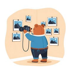 Cartoon bear dressed in casual clothing takes photos of framed scenic pictures hung on a wall in a minimalist room