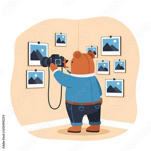 Cartoon bear dressed in casual clothing takes photos of framed scenic pictures hung on a wall in a minimalist room