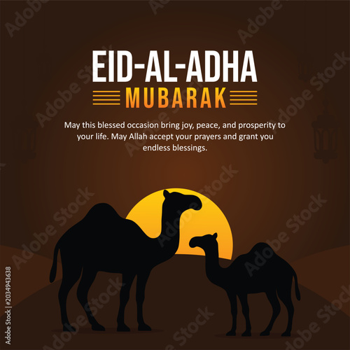 Eid al-adha mubarak greeting with camel silhouettes against a sunset, middle east