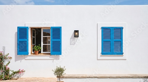 Bright White Building with Blue Shutters and Windows Under a Clear Sky.