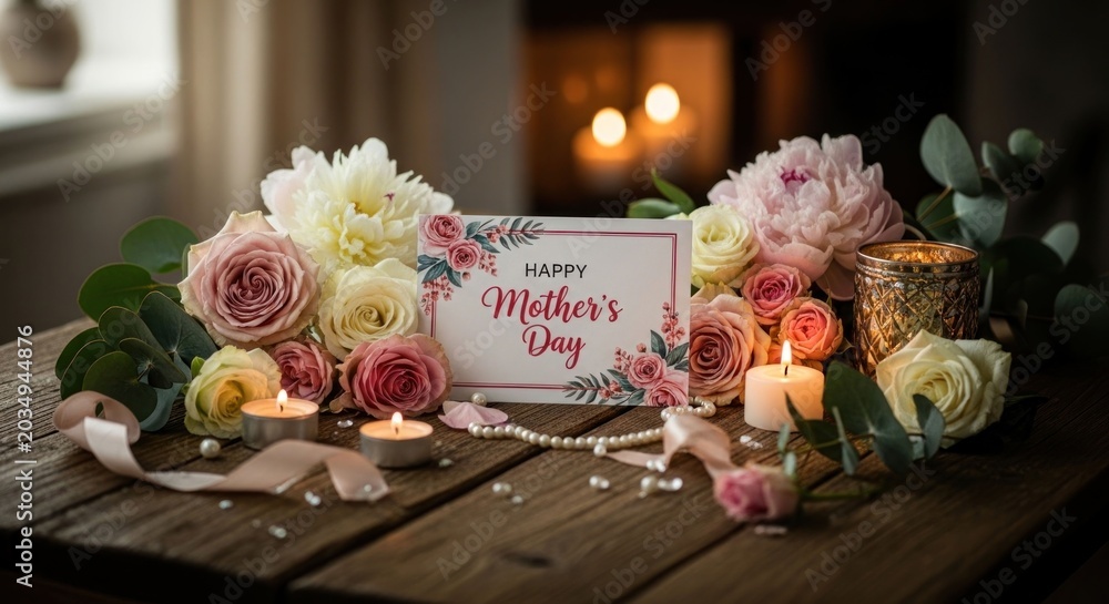 Obraz premium Beautiful Mothers Day floral arrangement with candles and a heartfelt message.