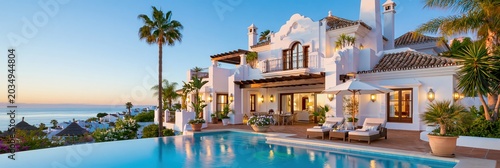 Elegant white mansion with terracotta roof, outdoor infinity swimming pool and sun loungers against a blue sky, sea view