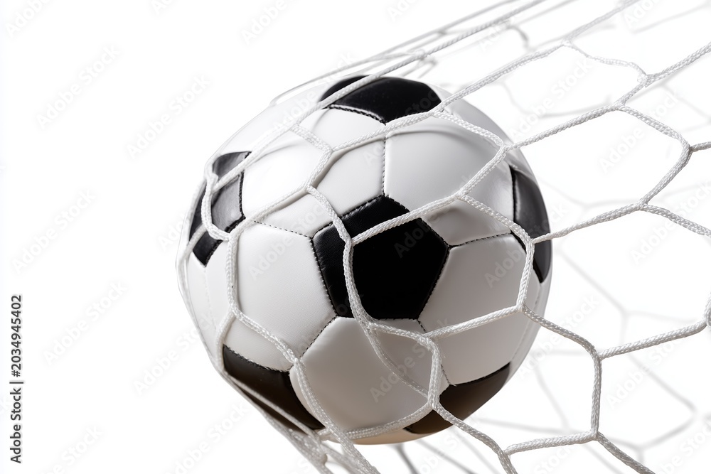 Fototapeta premium Classic black and white soccer ball captured inside a goal net isolated on white background.
