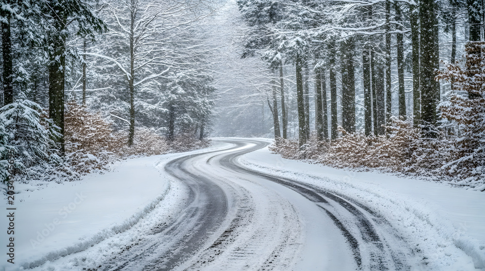 Obraz premium Empty narrow winter asphalt countryside road cutting through thick snow forest woods